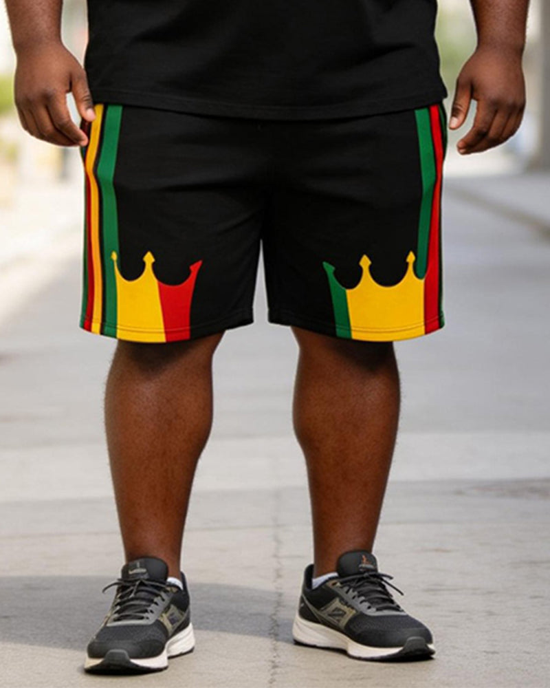 Big & Tall Men's Crown Print Red Yellow Green Contrast Print POLO Short Sleeve Shorts Set