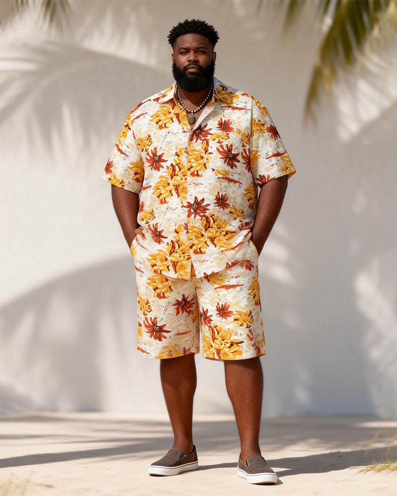 Big & Tall Men's Warm Autumn Leaf Printed Short Sleeve Shirt And Shorts Set