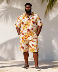 Big & Tall Men's Warm Autumn Leaf Printed Short Sleeve Shirt And Shorts Set