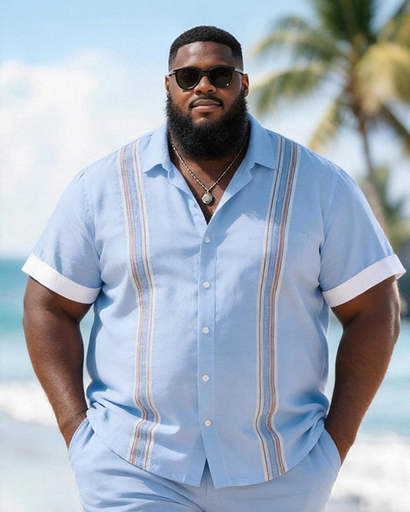 Big & Tall Men's Vertical Stripe Contrast Printed Short Sleeve Shirt Shorts Set