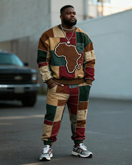 Big & Tall Men's African Map Patchwork Printed Round Neck Sweatshirt Set
