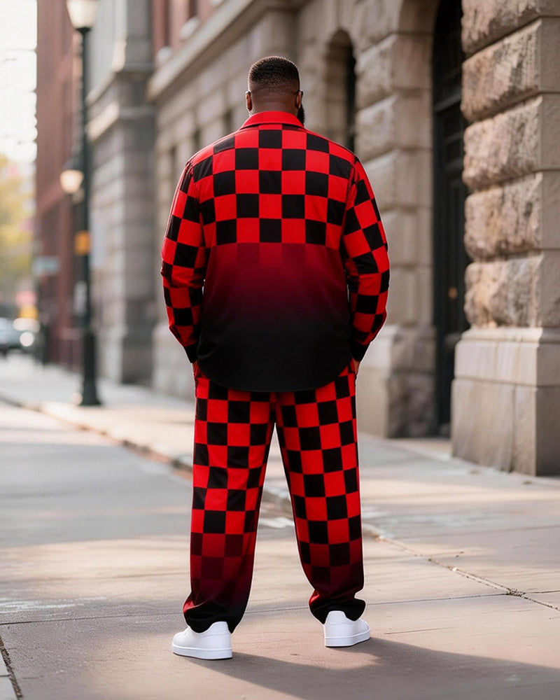 Big & Tall Men's Red And Black Checkerboard Gradient Print Long Sleeve Shirt Pants Set