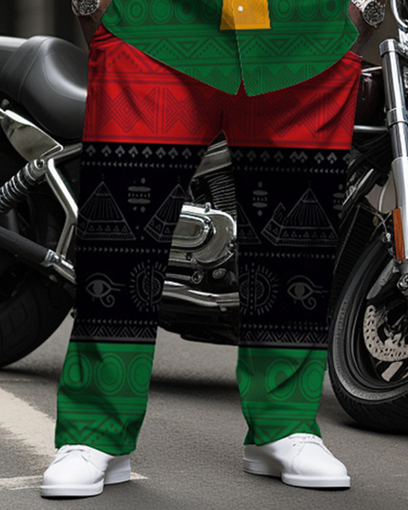 Big & Tall Men's Red And Black Green Anka Symbol Printed Long Sleeve Shirt Pants Set