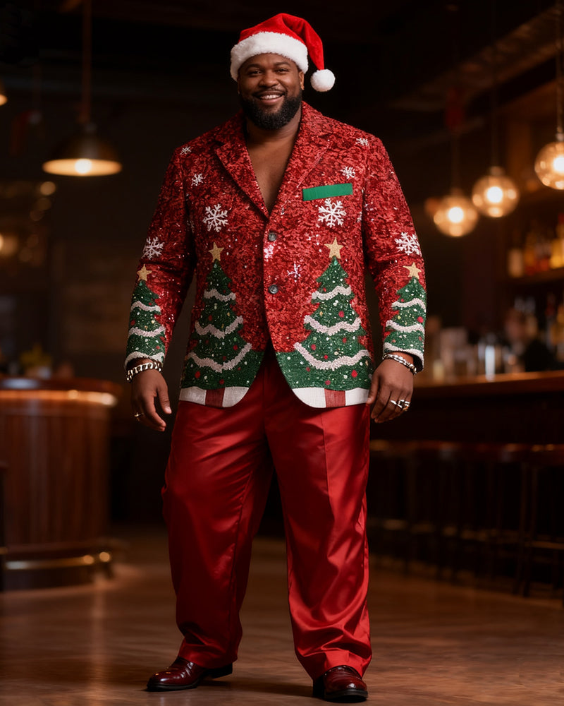 Big & Tall Men's Christmas Sequins Christmas Tree Print Suit