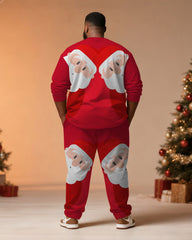 Big & Tall Men's Santa Claus Cartoon Graffiti Print Long Sleeve T-Shirt Pants Set