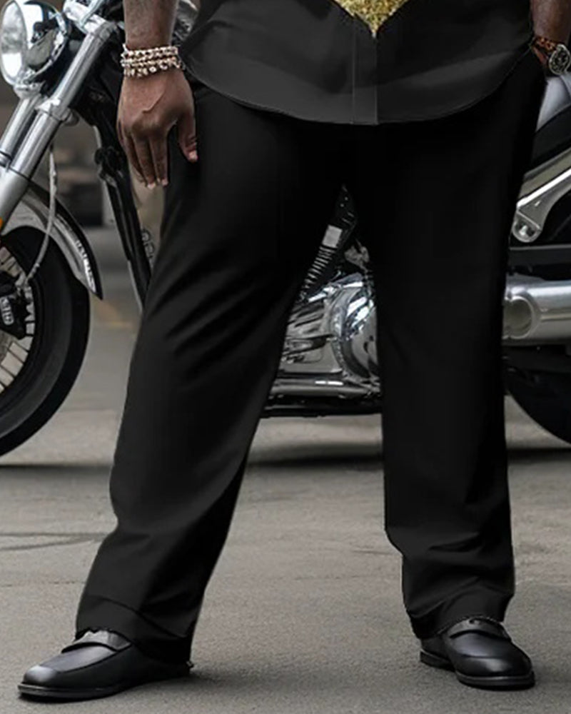 Big & Tall Men's Black Gold Geometric Totem Print Long Sleeve Shirt Pants Set