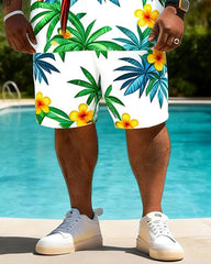 Big & Tall Men's Pink Green Parrot Coconut Tree Print Short Sleeve Shirt Shorts Set