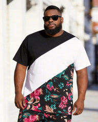Big & Tall Men's Black And White Oblique Floral Printed Round Neck Short Sleeve T-shirt Shorts Set