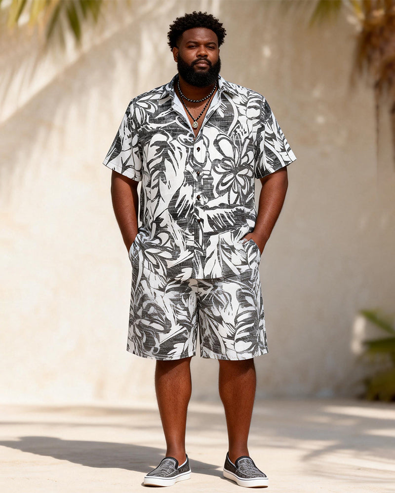 Big & Tall Men's Black And White Flowing Geometric Print Short Sleeve Shirt Shorts Set