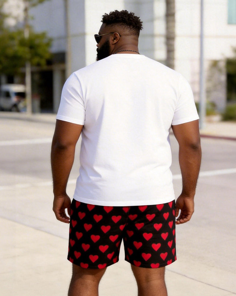 Big & Tall Men's "my Wife Is My Life" Red Love Printed Crew Neck Short Sleeve T-shirt Shorts Set