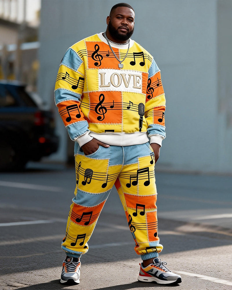 Big & Tall Men's LOVE Note Contrast Stitching Printed Round Neck Sweater Set