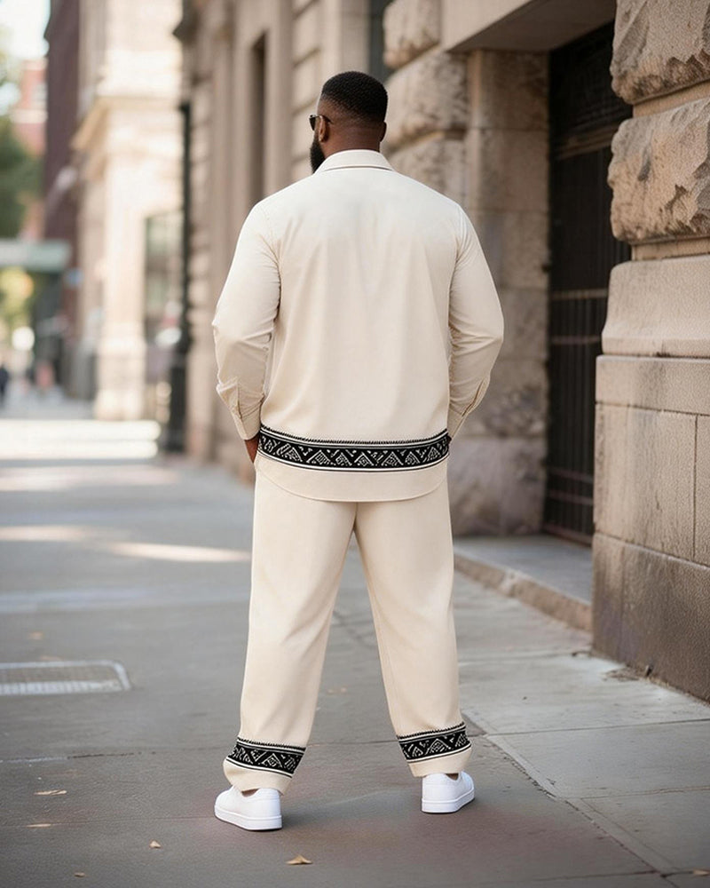 Big & Tall Men's Rice White Ethnic Pattern Printed Long Sleeve Shirt Trousers Suit
