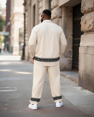 Big & Tall Men's Rice White Ethnic Pattern Printed Long Sleeve Shirt Trousers Suit