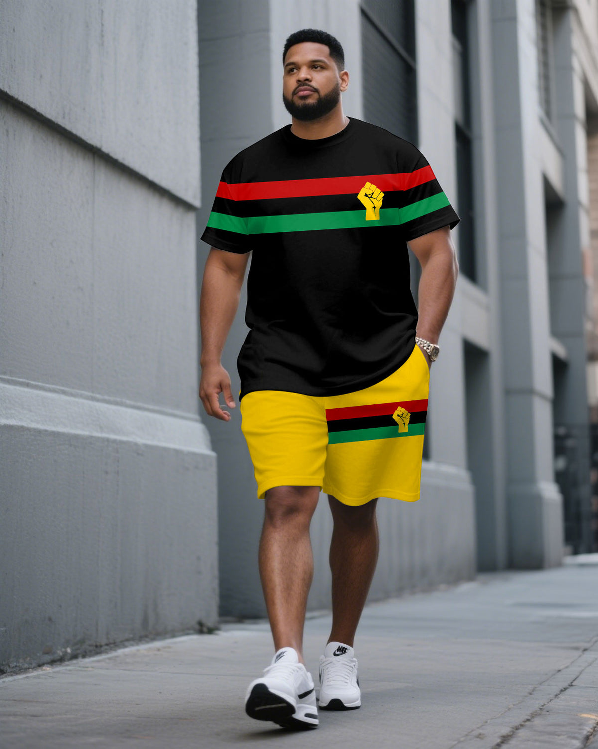 Big & Tall Men' Contrast Coarse Stripes Commemorate Ancestor Freedom/Equality June Day Short Sleeve T-Shirt Shorts Set