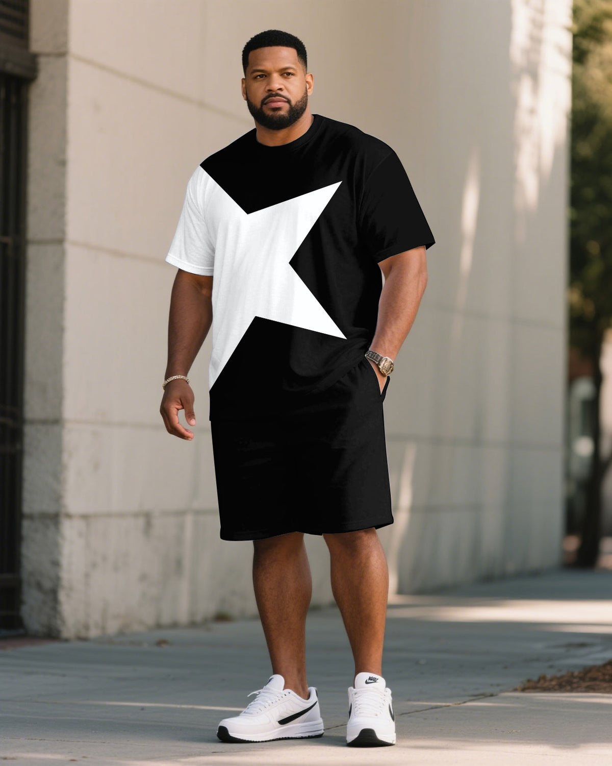 Big & Tall Men's Big Five-star Geometric Contrast Stitching T-shirt Short Sleeve Suit