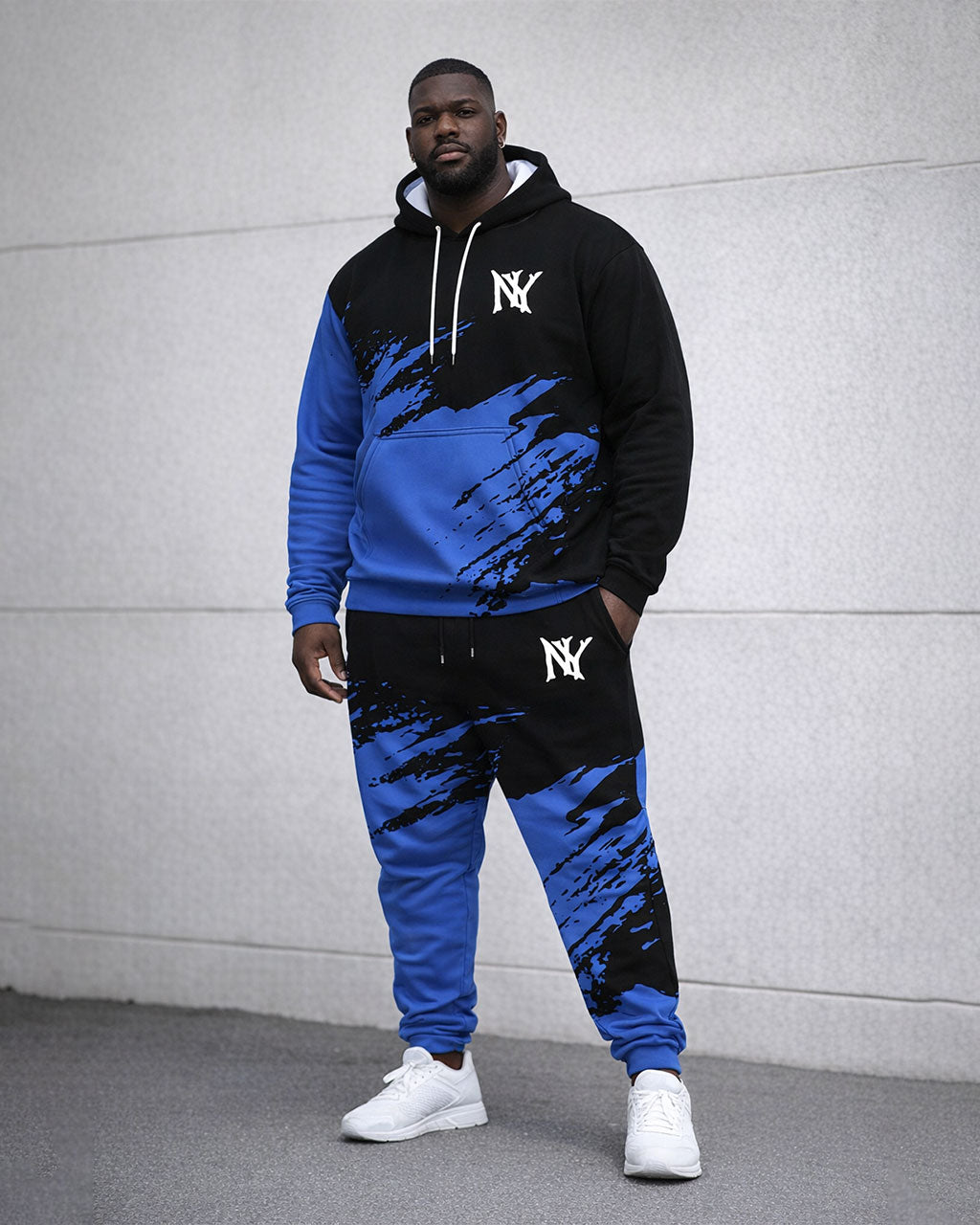 Men's Plus Size Winter Warm Black & Blue Splash Ink Design Printed Hoodie Sweatpants Set