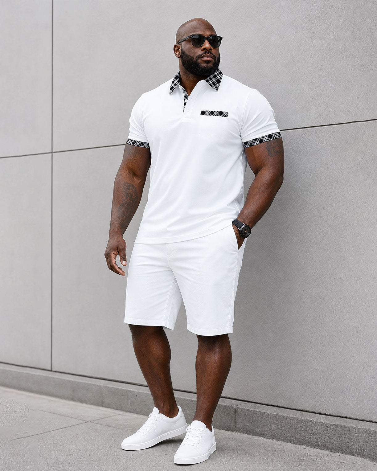 Big & Tall Men's White & Black Check Neckline Design Stitching POLO Shirt Short Sleeve Shorts Set