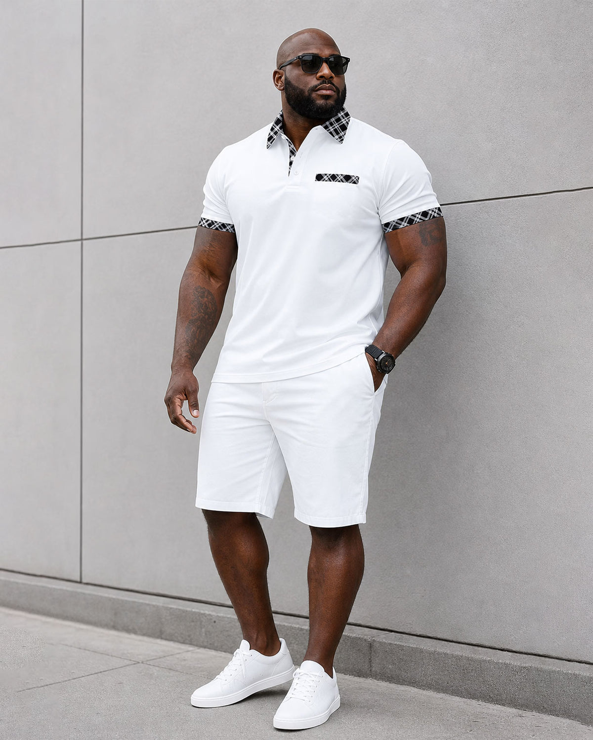 Big & Tall Men's White & Black Check Neckline Design Stitching POLO Shirt Short Sleeve Shorts Set