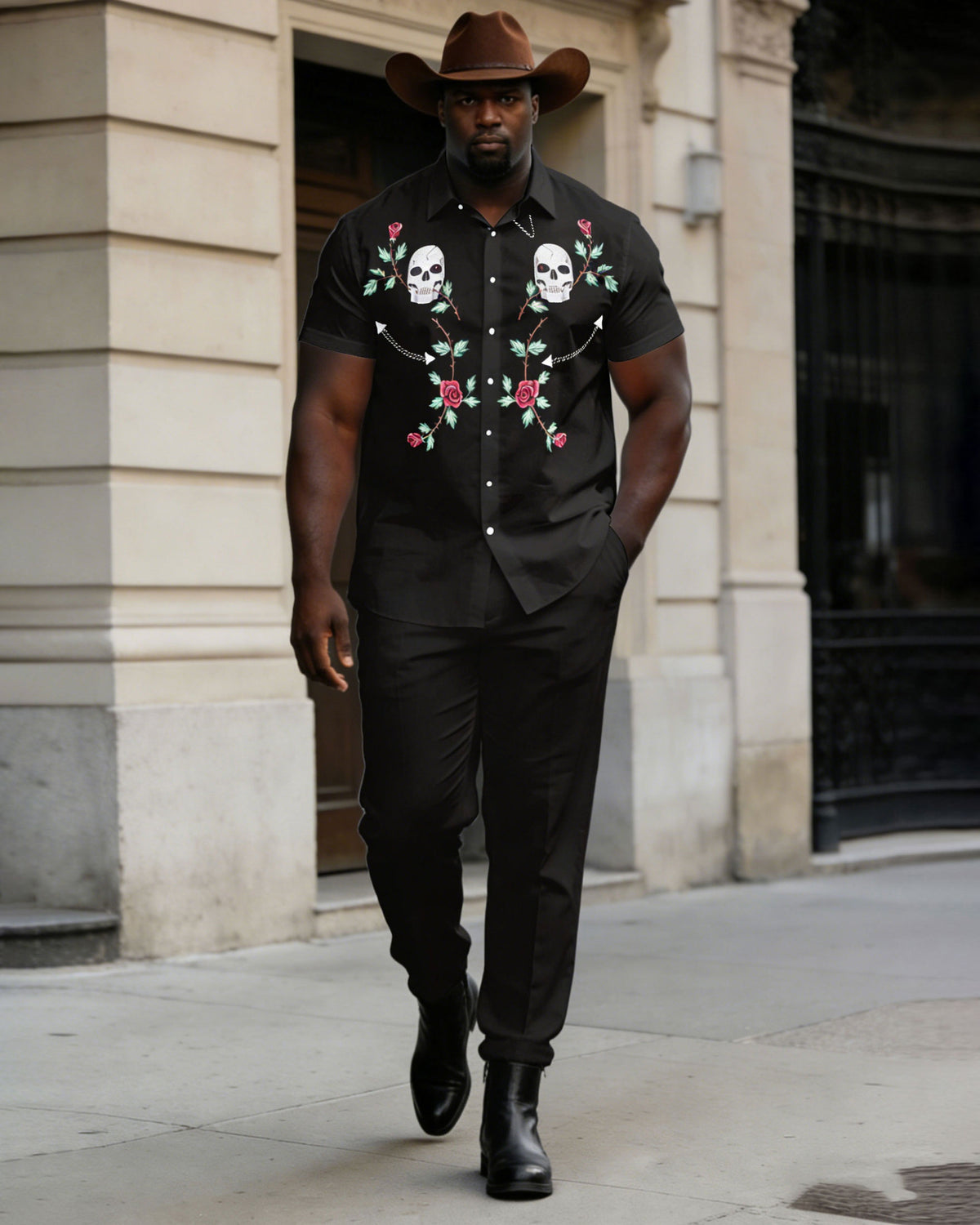 Big & Tall Men's Western Skull Rose Short Sleeve Shirt Pants Set