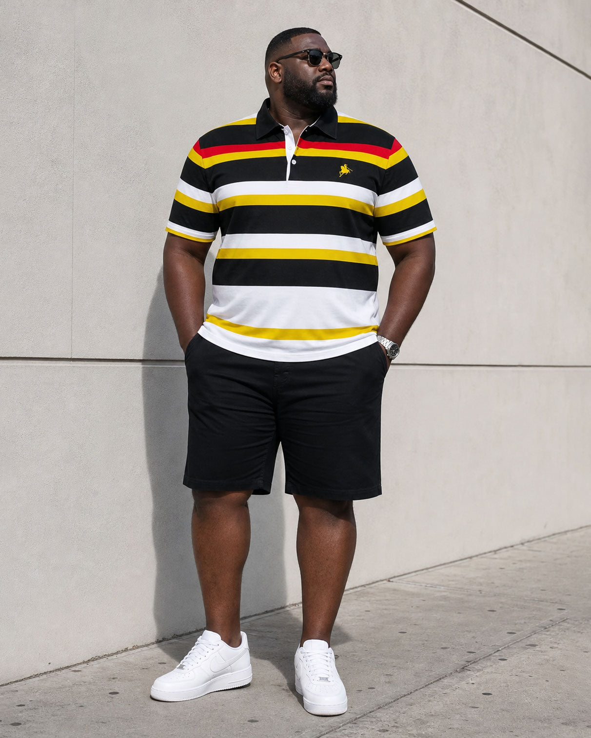 Big & Tall Men's Business Leisure Travel Daily Bright Color Striped POLO Shirt Short Sleeve Shorts Set