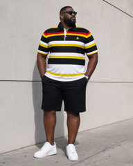 Big & Tall Men's Business Leisure Travel Daily Bright Color Striped POLO Shirt Short Sleeve Shorts Set