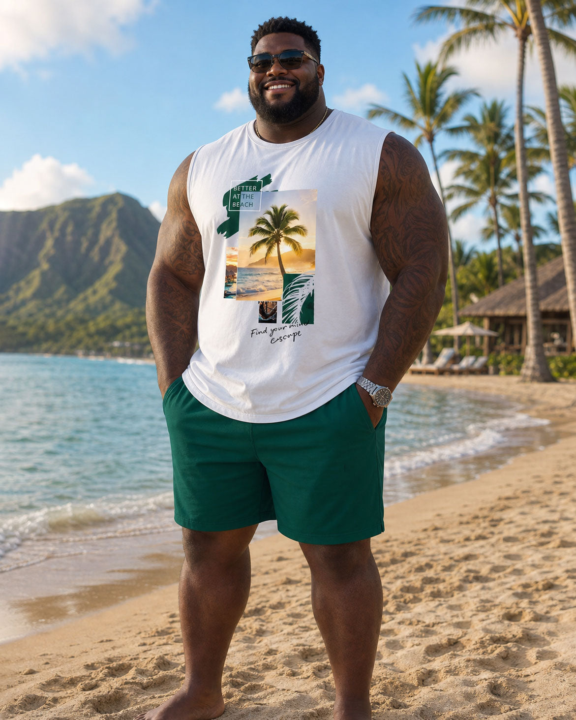Big & Tall Men's Hawaiian Vacation Chest Large Printed Pattern Vest Shorts Set
