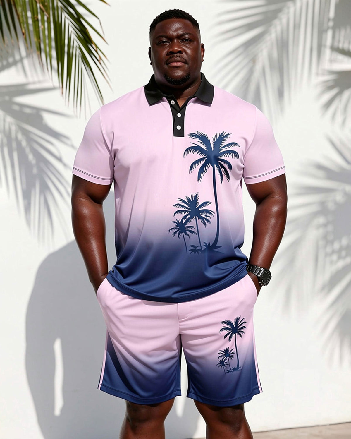 Big & Tall Men's Pink Holiday Hawaiian Coconut Tree Gradient POLO Shirt Short Sleeve Shorts Set