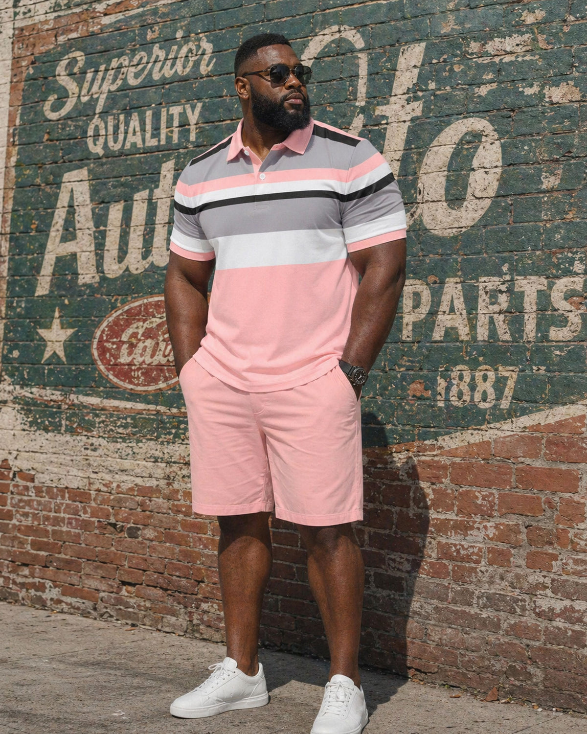 Big & Tall Men's Casual Fashion Holiday Pink Short Sleeve Polo Shirt Shorts Set