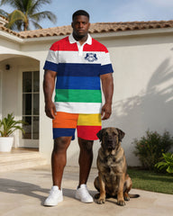 Multicolor Contrast Striped Business Casual Polo Shirt Set Large Size Men