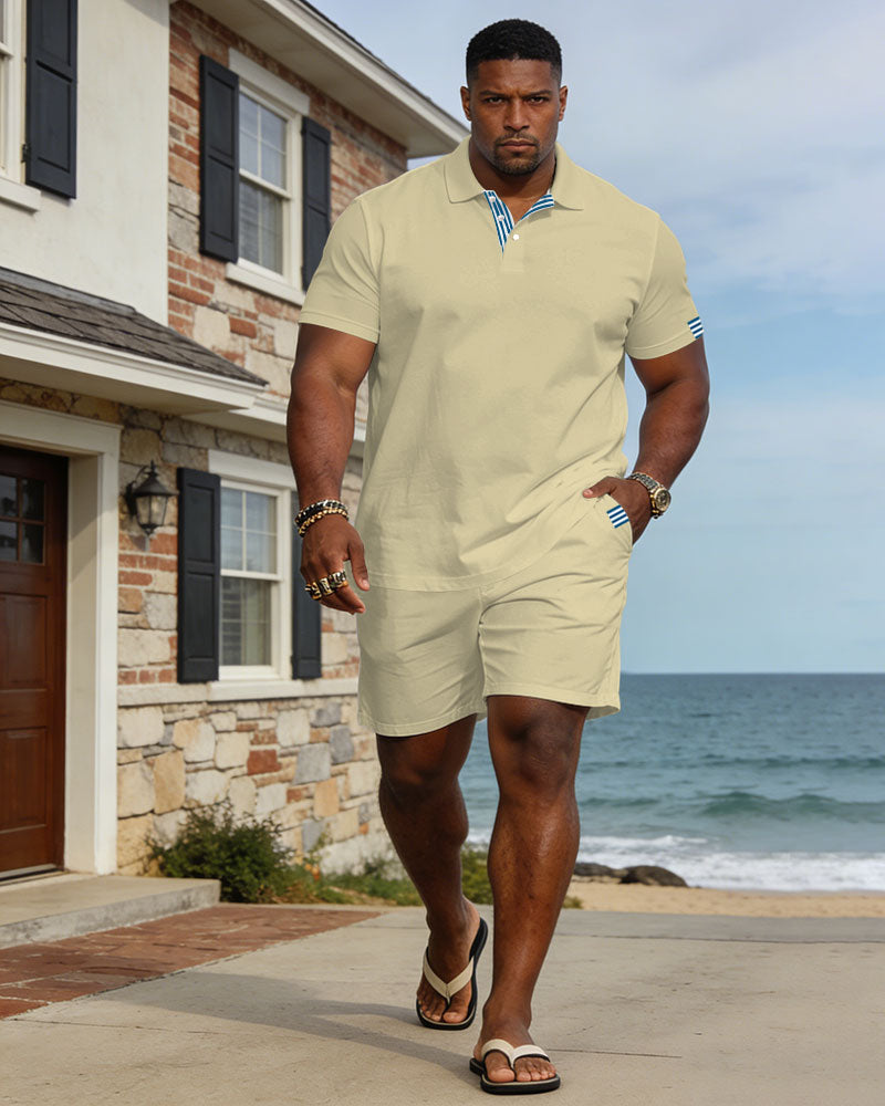 Large Size Men's Spring And Summer Leisure Vacation Light Yellow Neckline, Cuff Features Stitching Business Party Short Sleeve POLO Shirt Shorts Set