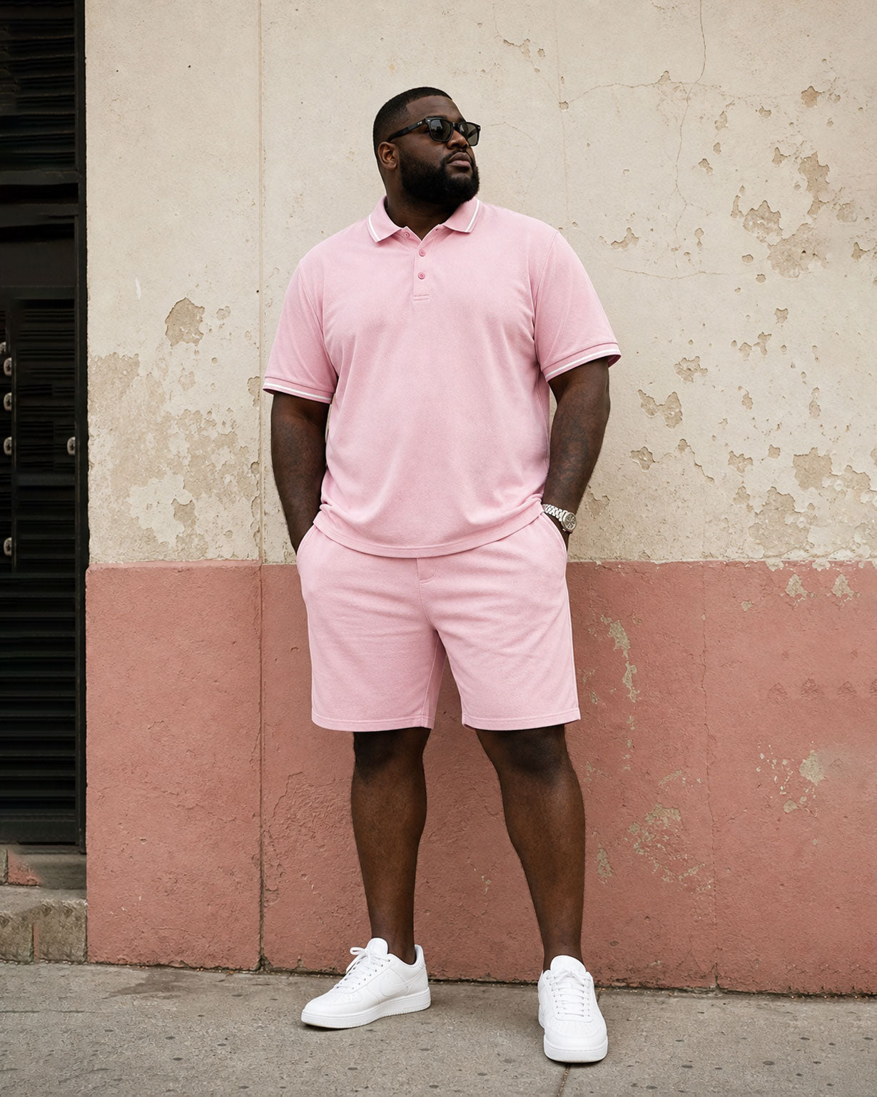 Big & Tall Men's Simple Daily Pink POLO Short-sleeved Shirt And Shorts Set