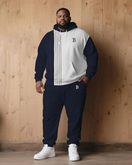 Large Size Men's Autumn And Winter Warm Cold-proof Dark Blue & White Color-block Sleeves Chest Small Label Printed Hoodie Sweatpants Set