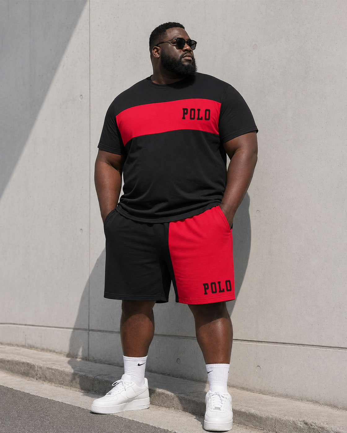 Big & Tall Men's Black And Red Patchwork Chest Logo Print T-Shirt And Shorts Set
