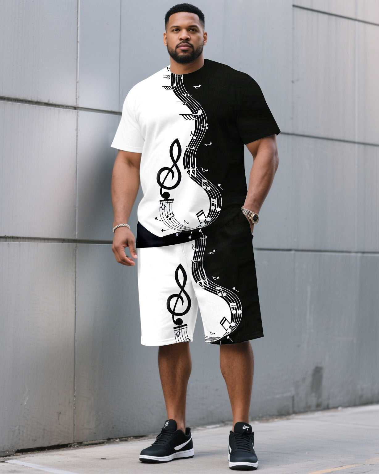 Big & Tall Men's Black & White Contrast Color Music Pattern Printed Round Neck Short Sleeve T-Shirt Shorts Set