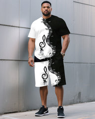 Big & Tall Men's Black & White Contrast Color Music Pattern Printed Round Neck Short Sleeve T-Shirt Shorts Set