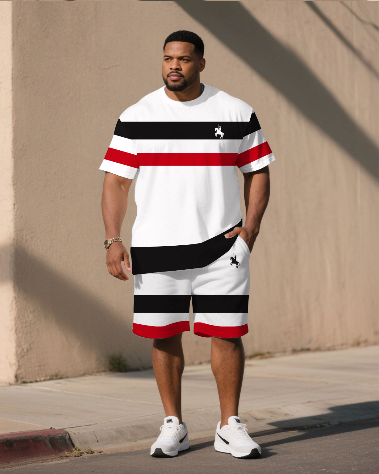 Big & Tall Men's Simple Casual Thick Striped Stitching T-Shirt Shorts Set
