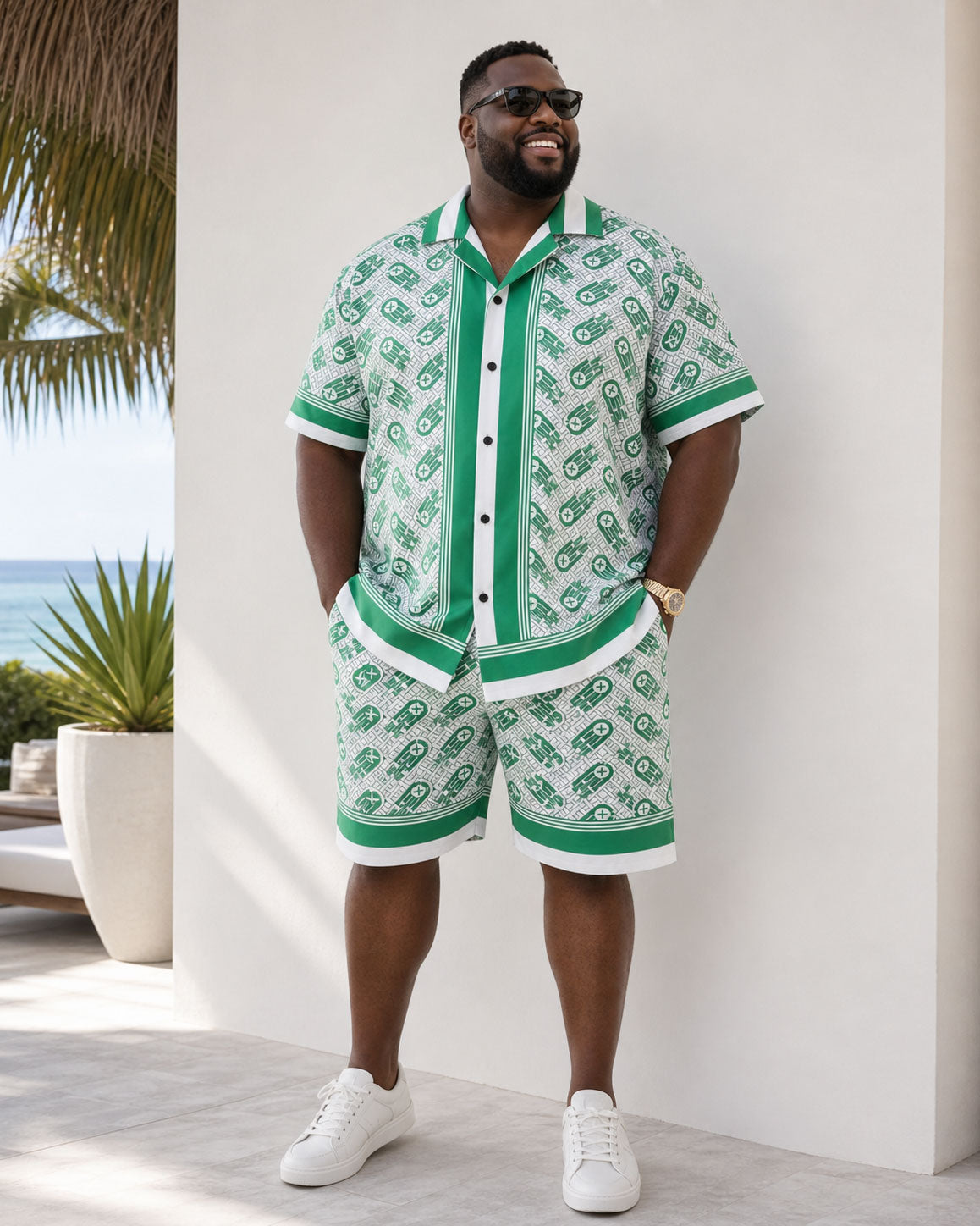Big & Tall Men's Luxury Baroque Green Pattern Printed Button Shirt Short Sleeve Shorts Set