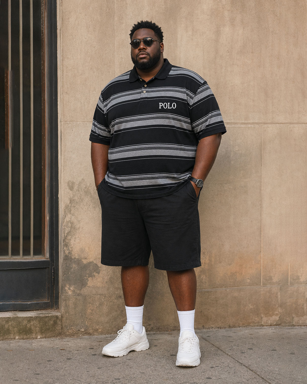 Big & Tall Men's Classic Black Striped Cloth Casual Business Hawaii Vacation POLO Shirt Short Sleeve Shorts Set