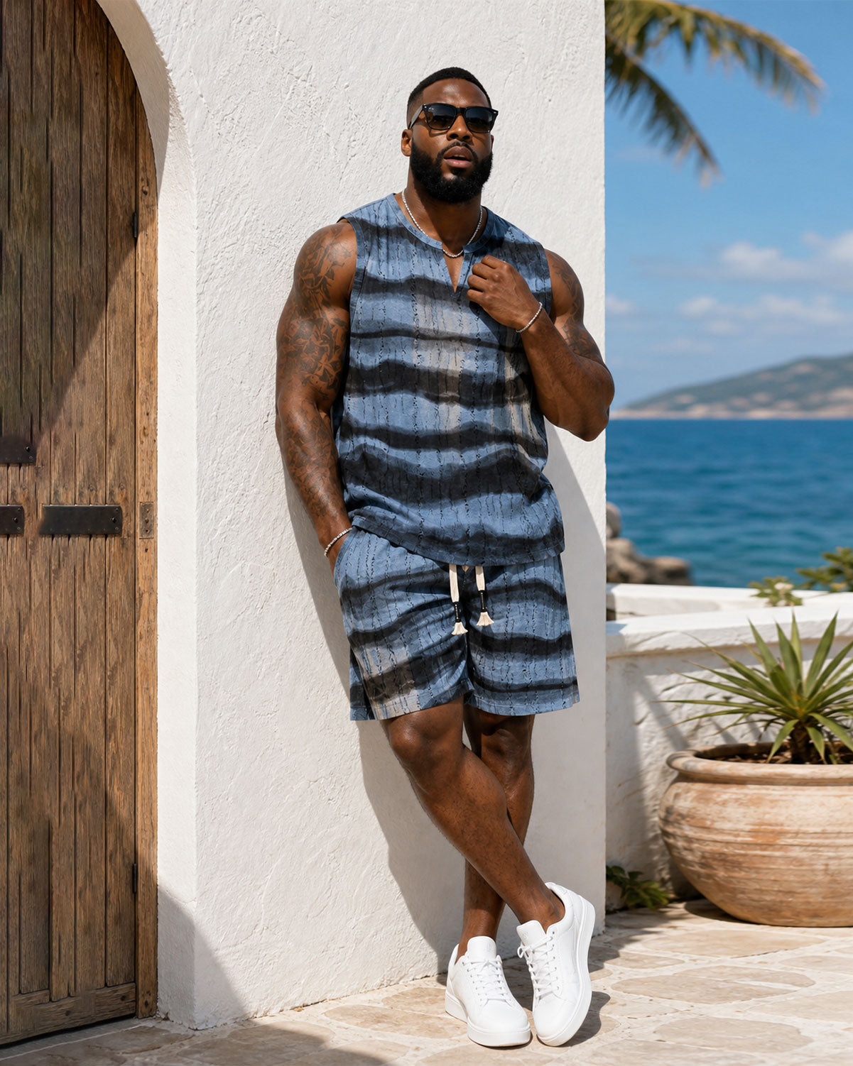 American Style Casual Summer Ice Sense Striped Sleeveless Vest Set Large Size Men's Sports Tie Dye Shorts Two-piece Set