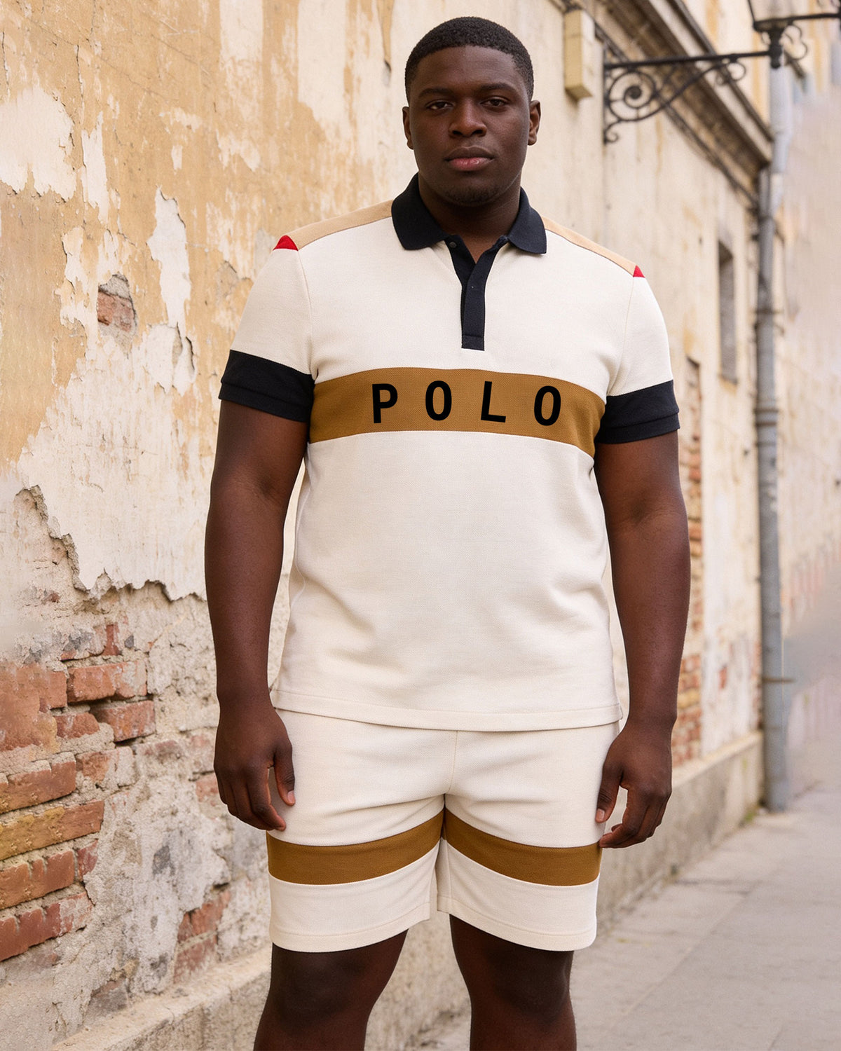 Big & Tall Men's Apricot & Brown Contrast Color Chest Large Label POLO Shirt Short Sleeve Shorts Set