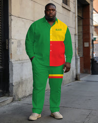 Men's Plus Size Black Day Green & Yellow & Red Ethnic Color Contrast Color BLACK Slogan Printed Long Sleeve Shirt Trousers Business Casual Suit