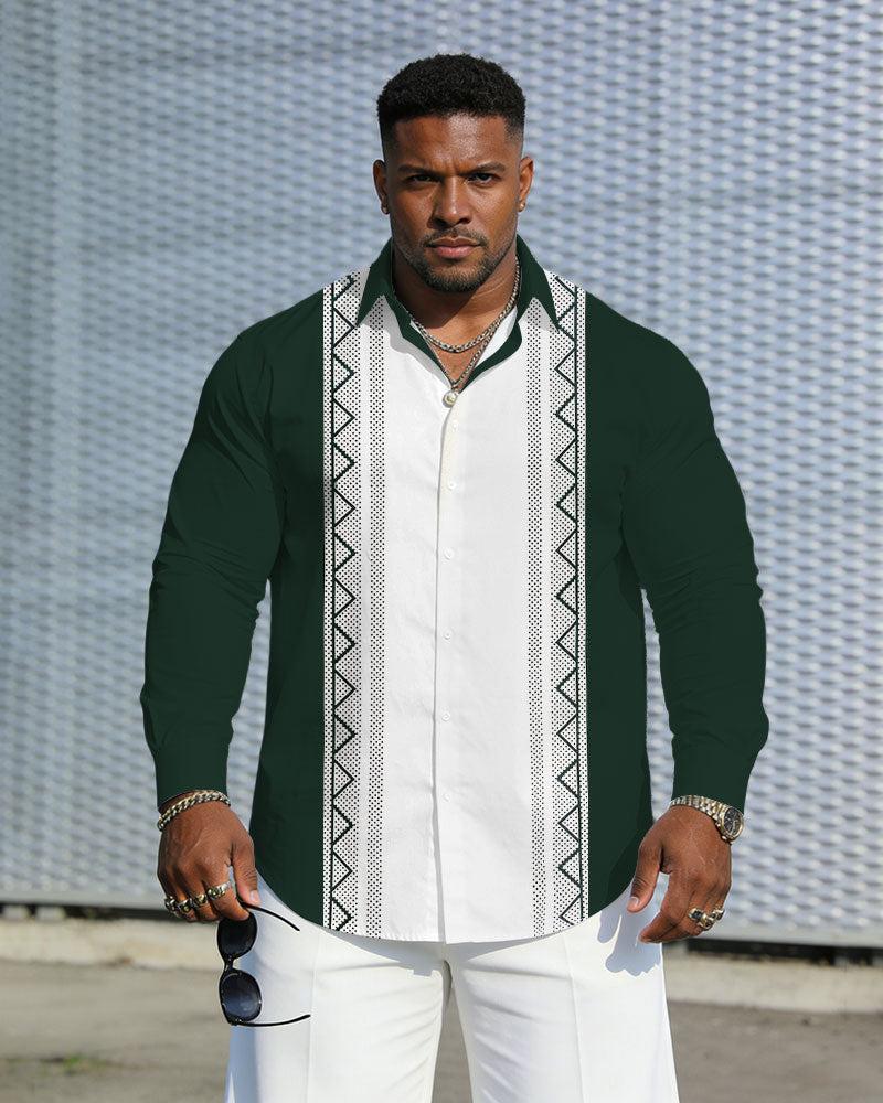 Men's Plus Size Casual Holiday White & Green Geometric Gentleman Wrinkle-Reproof New Lapel Long Sleeve Shirt