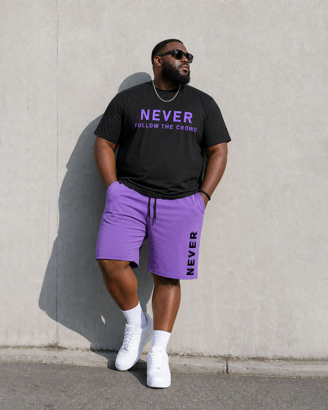 Big & Tall Men's Black & Purple Simple Letter Slogan Chest Printed Short-sleeved T-shirt Shorts Set
