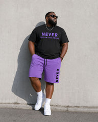 Big & Tall Men's Black & Purple Simple Letter Slogan Chest Printed Short-sleeved T-shirt Shorts Set