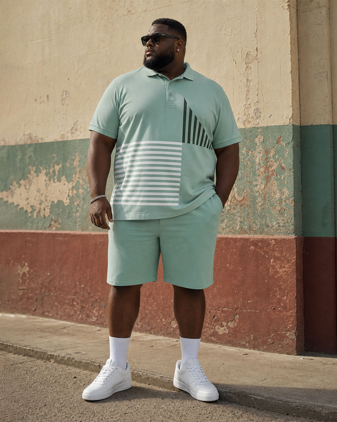 Big & Tall Men's Green Irregular Geometric Contrast Printed Button POLO Shirt Short Sleeve Shorts Set