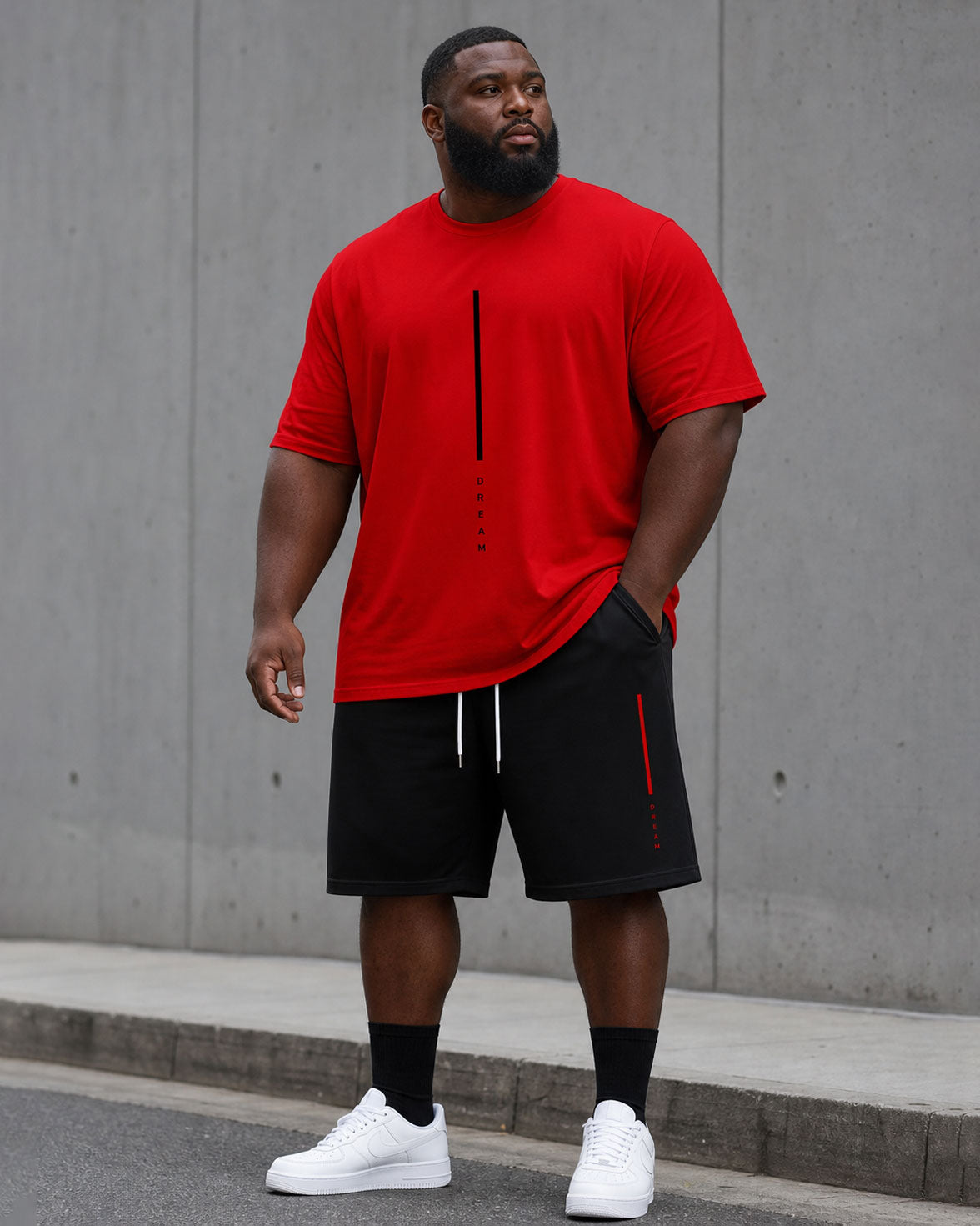 Big & Tall Men's Daily Travel Leisure Party Red & Black Short Sleeve T-Shirt Shorts Set