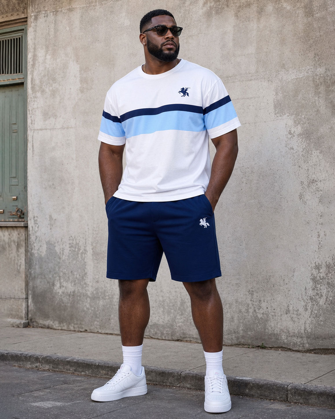 Big & Tall Men's White Simple Casual Contrast Small Label Printed Short Sleeve T-Shirt Shorts Set