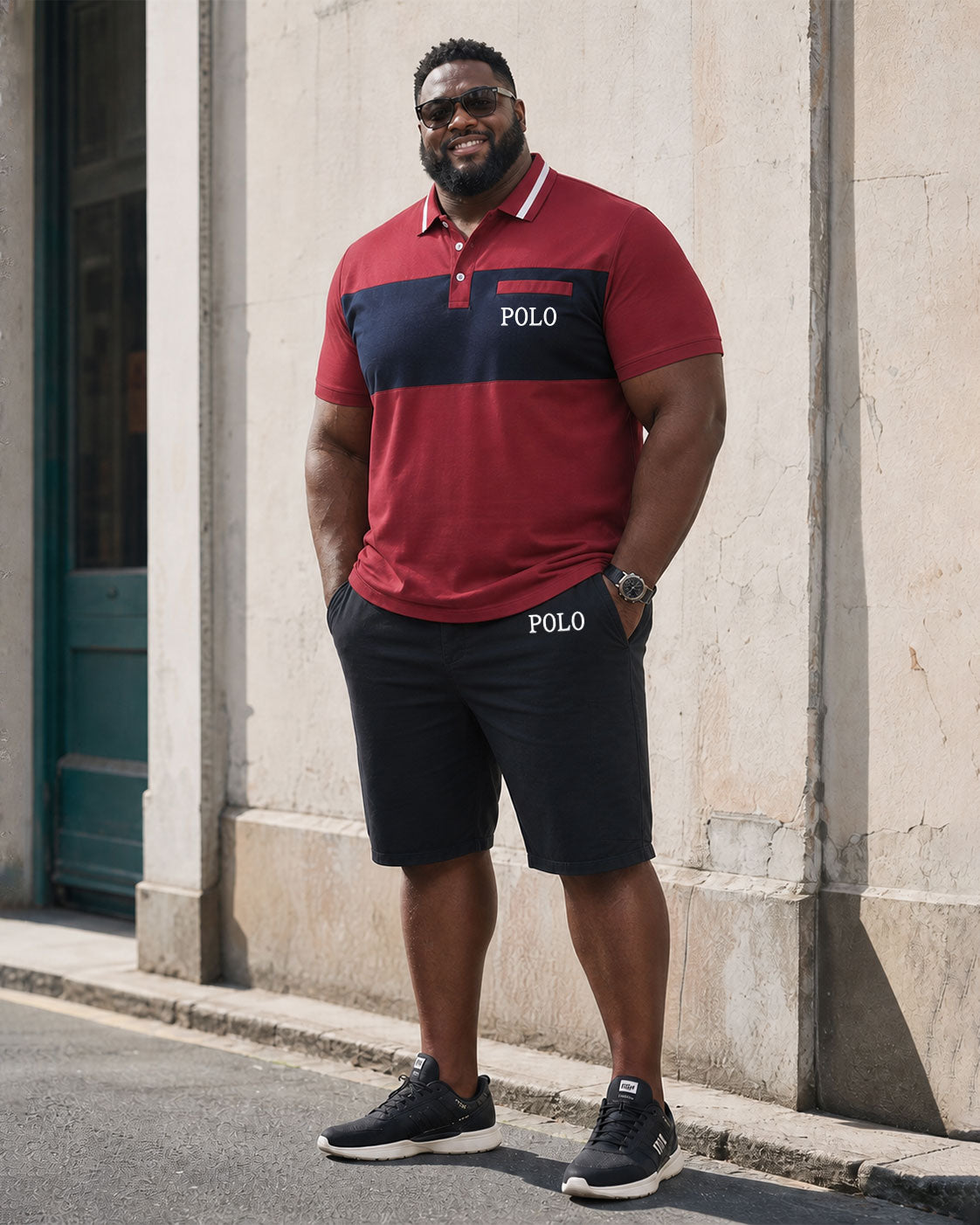 Big & Tall Men's Dark Red & Black Business Travel Casual POLO Shirt Short Sleeve Shorts Set