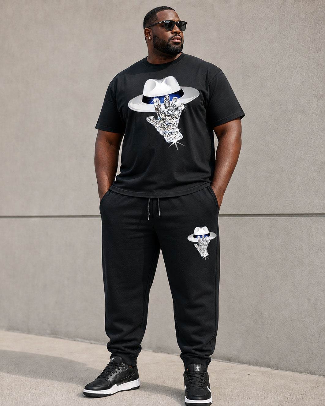 Big & Tall Men's Mysterious Guest Pattern Printed Black Short-Sleeved T-Shirt Pants Set