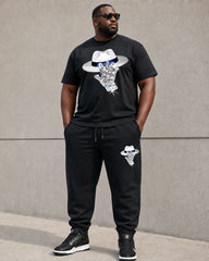 Big & Tall Men's Mysterious Guest Pattern Printed Black Short-Sleeved T-Shirt Pants Set